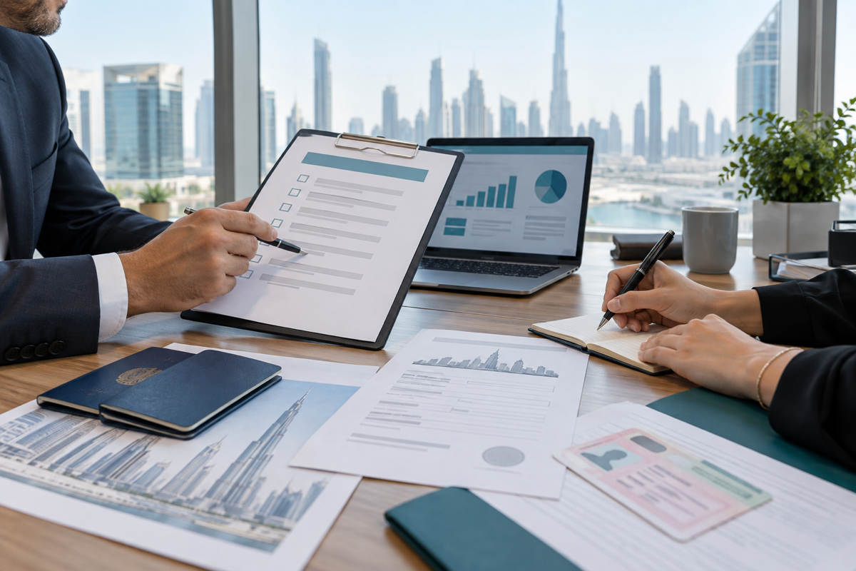 Dubai business setup consultant reviewing company formation, licence and visa planning documents with a founder