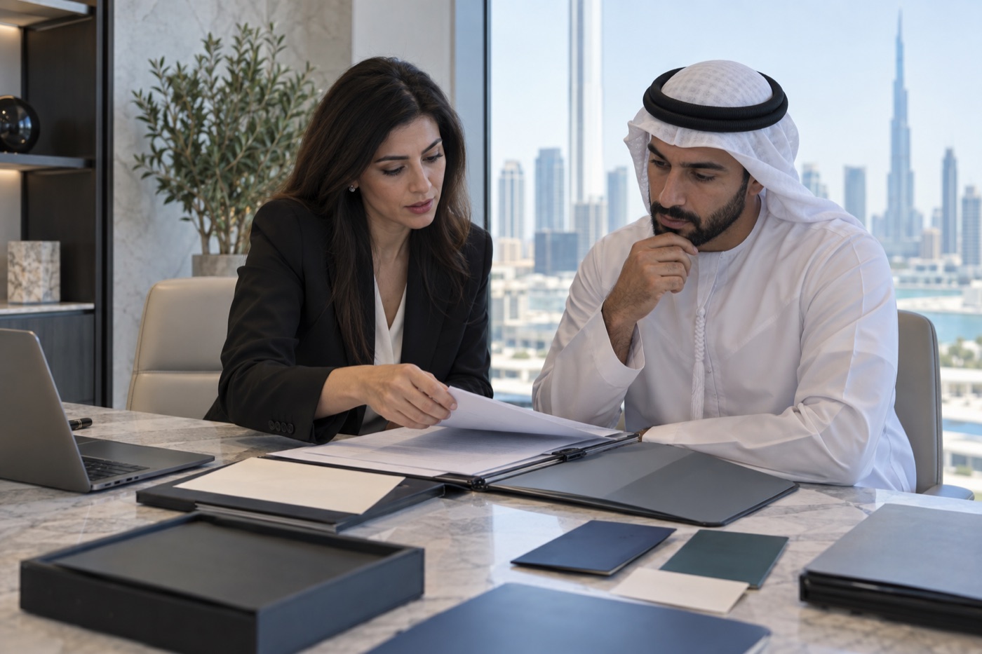 Adviser and investor organising source-of-funds evidence in a modern UAE office