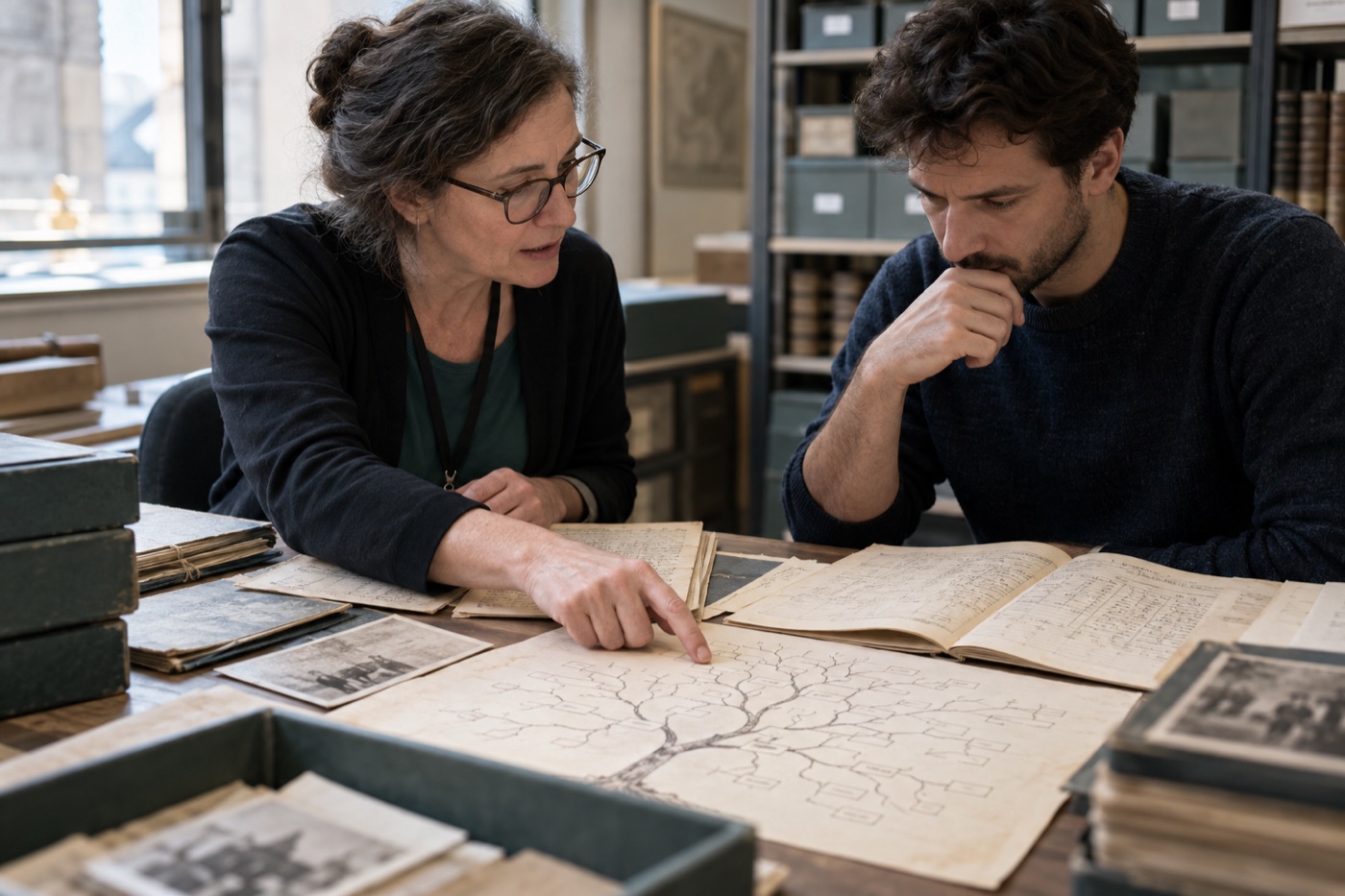 Archivist and client comparing historical birth and marriage records with a family tree