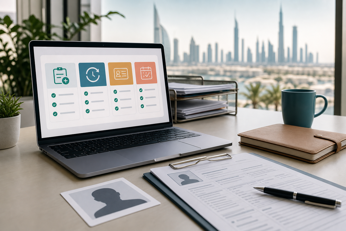 Consultant reviewing Emirates ID service checklist, documents and biometric appointment steps in Dubai