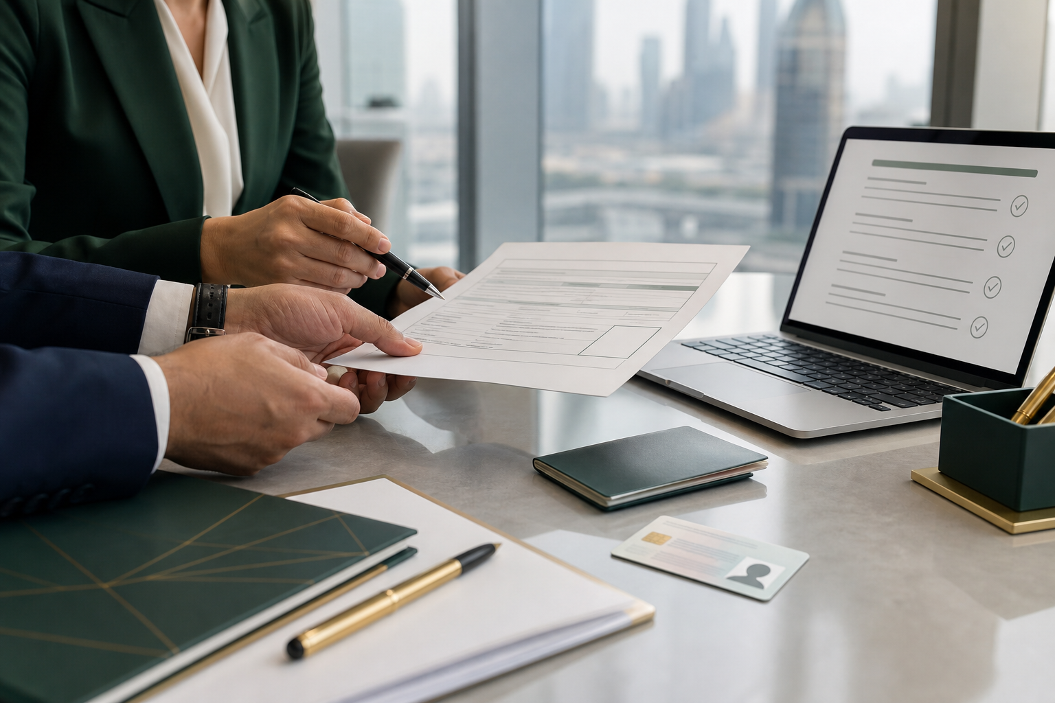 Employment visa consultant reviewing work permit documents in a Dubai office