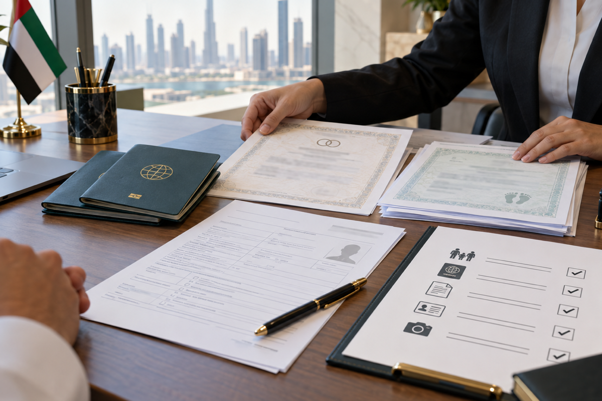 Consultant reviewing UAE family visa documents, passports and relationship certificates in Dubai