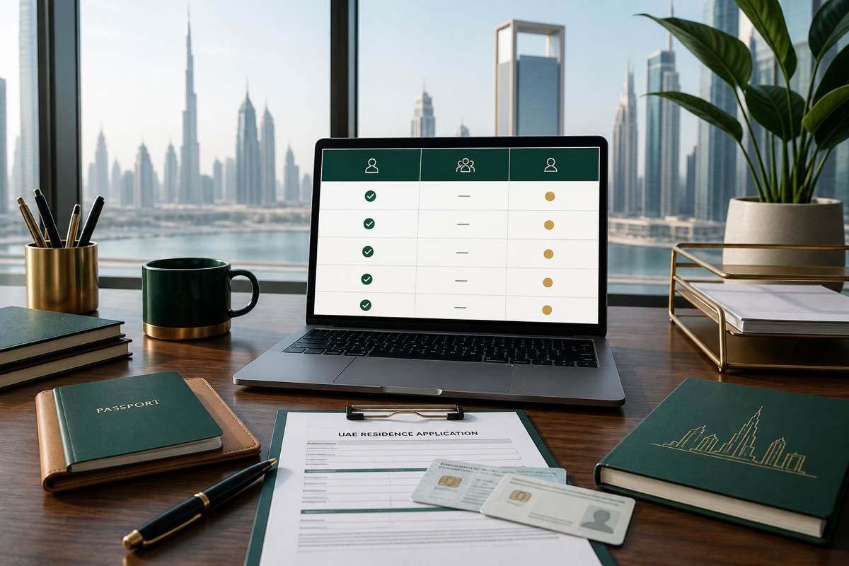 Dubai desk with passport, residence application papers and a consultant comparison checklist