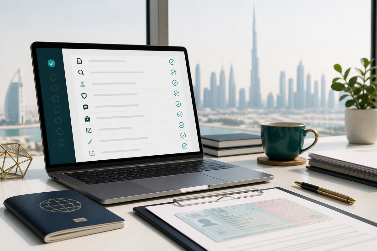 Review checklist on a laptop beside UAE residence documents and a passport in Dubai