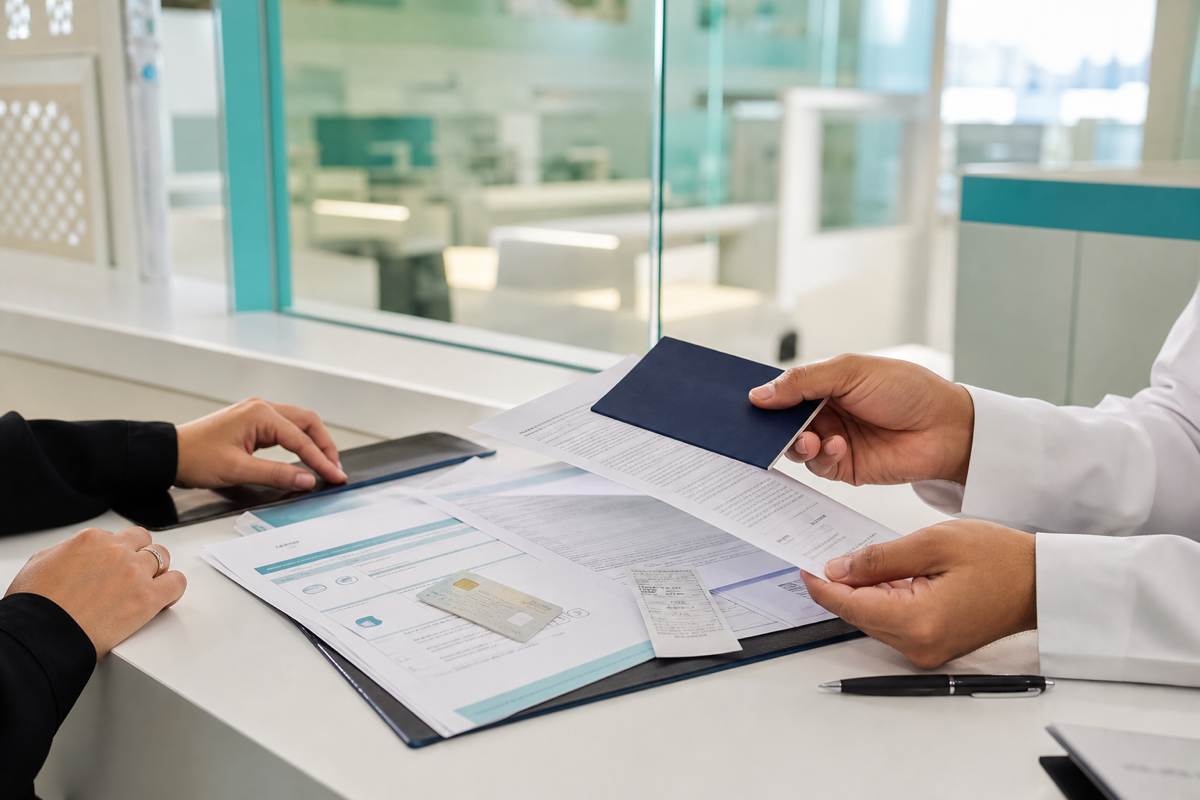 Consultant reviewing residence visa medical fitness typing documents at a Dubai service counter
