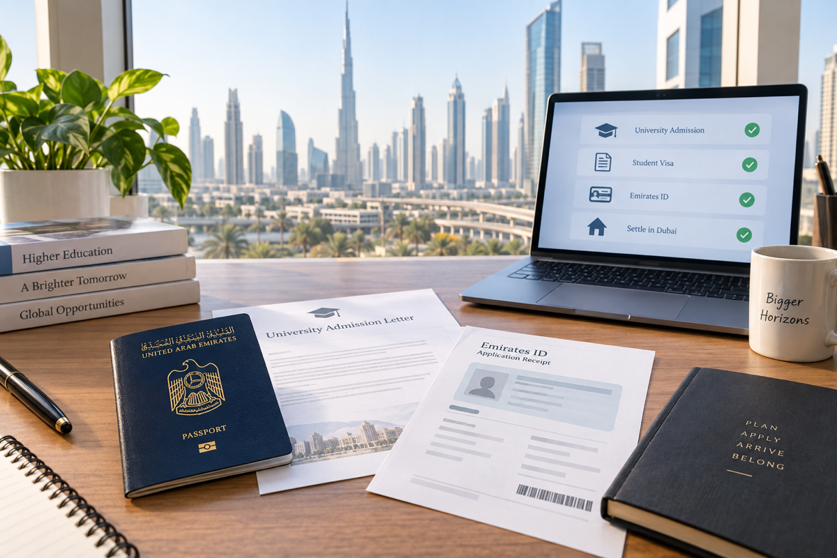 Student visa consultant checklist with passport, university admission letter and Emirates ID application receipt in Dubai