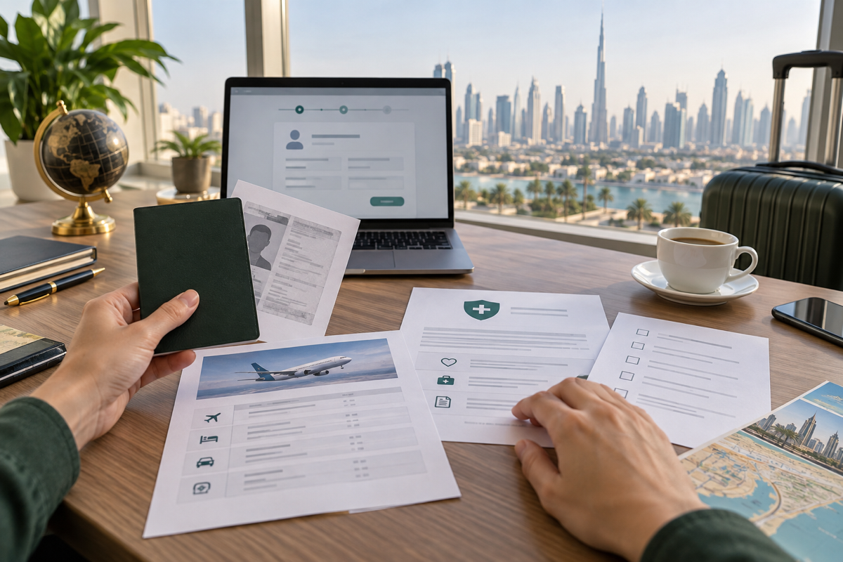 Traveler reviewing passport, itinerary, insurance and tourist visa checklist for a Dubai visit