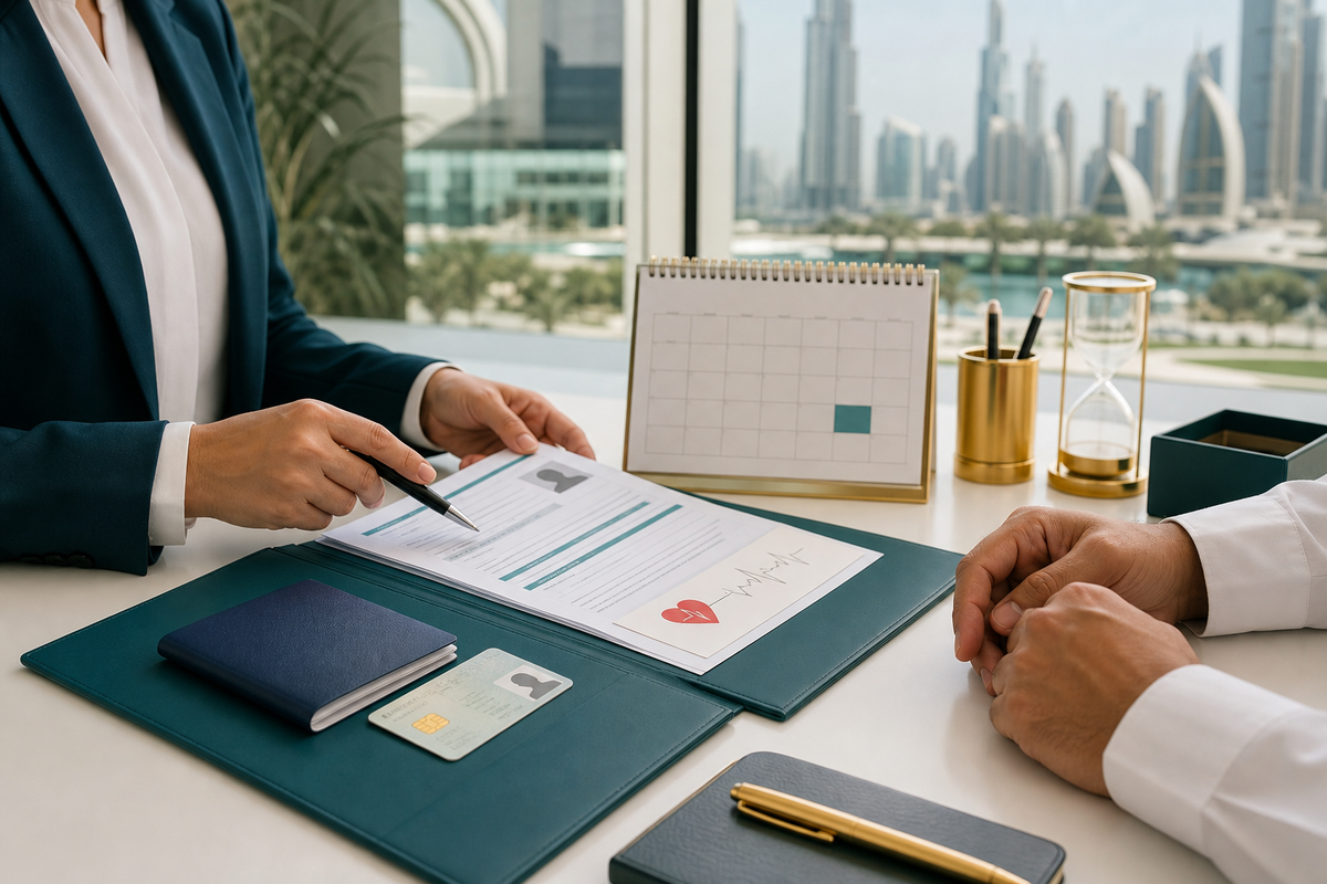 Visa renewal consultant reviewing residence permit, Emirates ID and medical fitness documents in Dubai